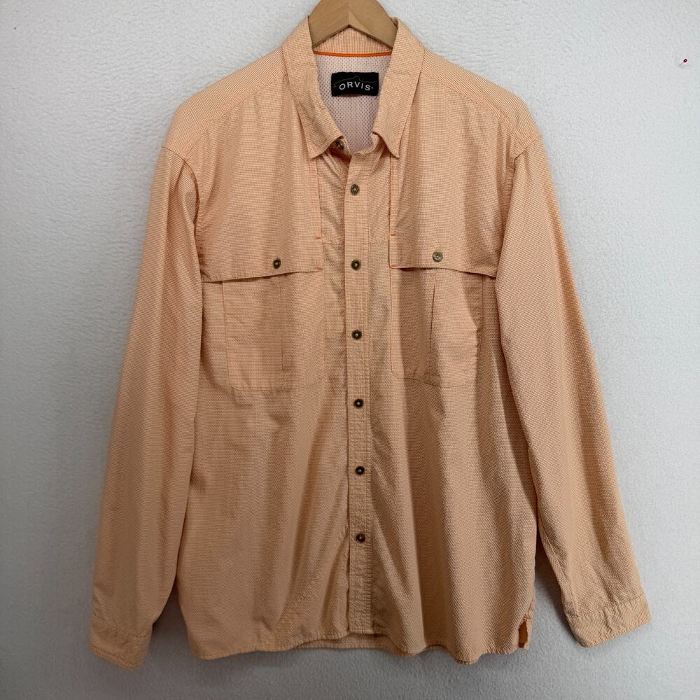 ORVIS Shirt Mens L Open Air Caster Fishing Gingham Check Roll Tab Sleeve Orange